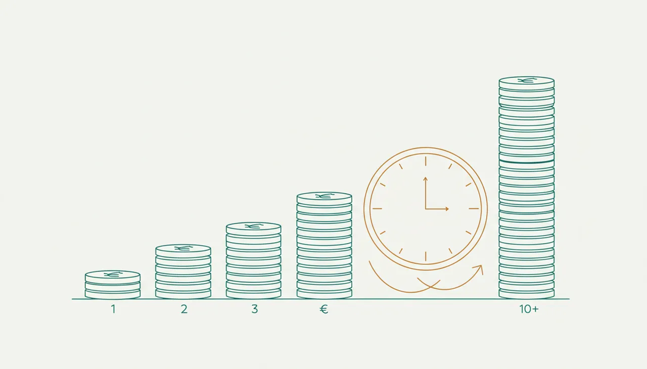 Wachsende Münzstapel pro Beschäftigungsjahr mit Uhr